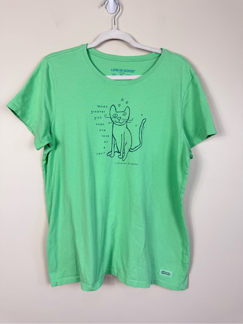 Life is Good Top XL Cat Heart Green Graphic Cotton Tee Short Sleeve Casual